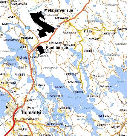 62 Puohtiinsuo sijaitsee Ilomantsin kunnan Mekrijärven kylässä n. 12 km Ilomantsin keskustaajamasta koilliseen. Kuvassa 17 on Puohtiinsuon sijainti kartalla. Kuva 17. Puohtiinsuon tuotantoalue.