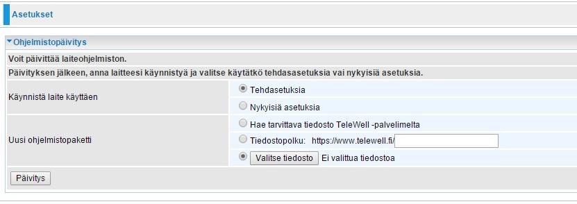 Ohjelmistopäivitys Toiminnolla voi päivittää laitteen ohjelmiston. Tiedot uusimmista päivityksistä löytyy osoitteesta www.telewell.fi Hyvin toimivaa laitetta ei tule päivittää. 1.