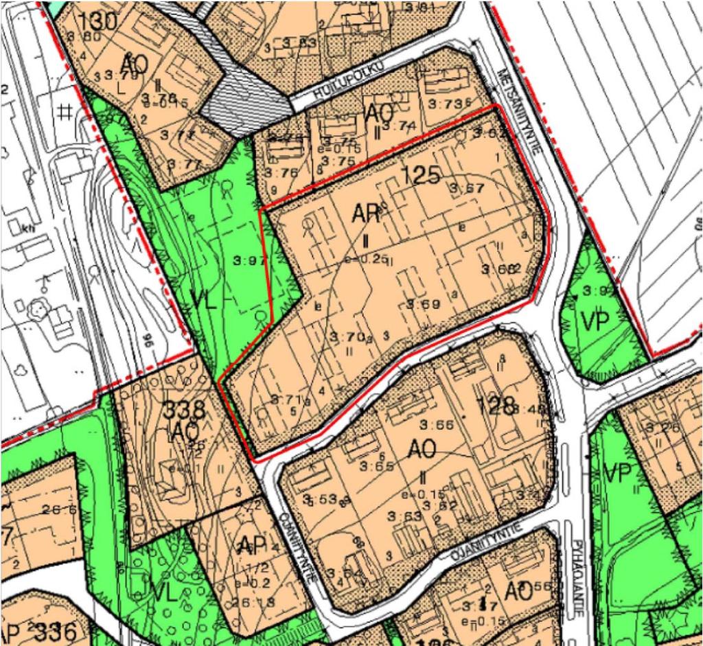 3.23 Asemakaava Asemakaavassa alue on osoitettu rivitalojen alueeksi (AR) ja vähäiseltä osin lähivirkistysalueeksi (VL). Rakentamistehokkuus e0n e=0,25 ja enimmäiskerrosluku kaksi. 3.