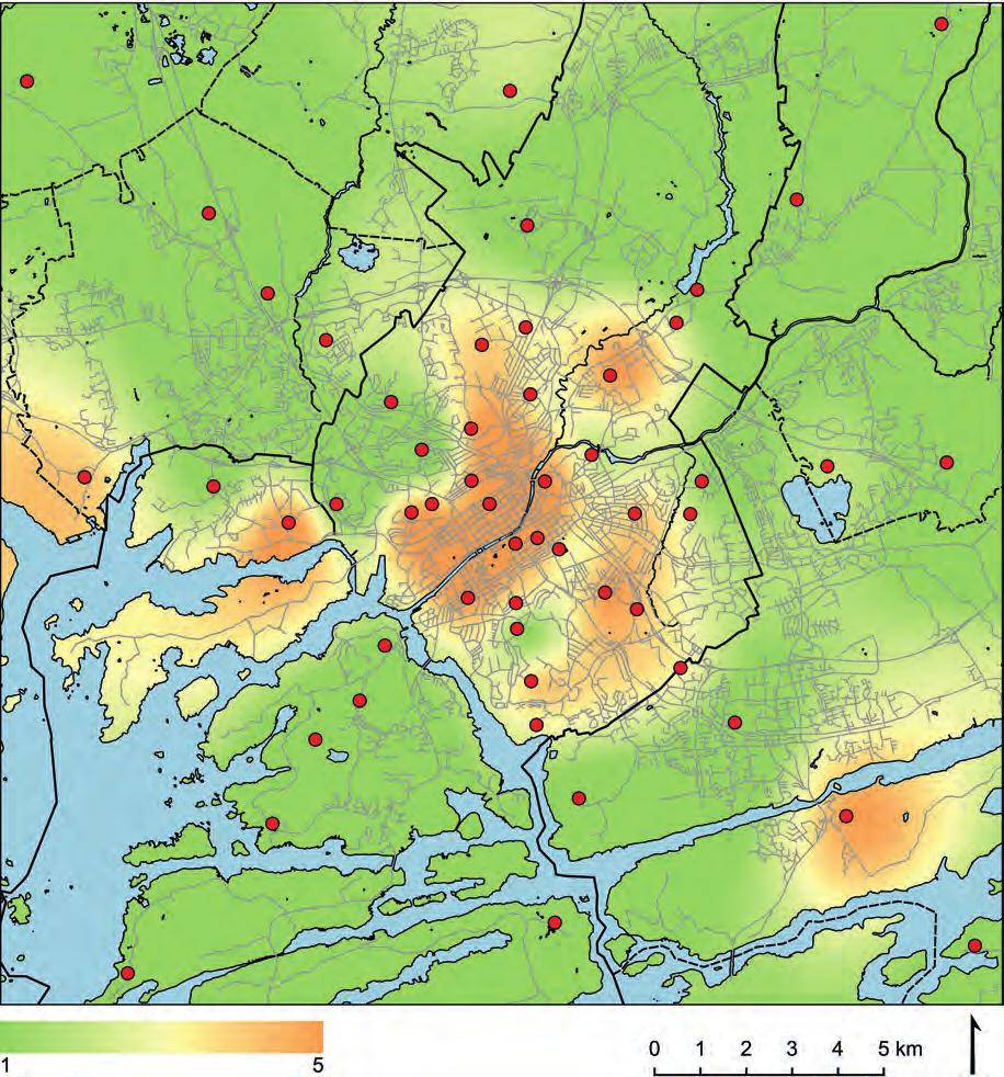 jäkäläkartoitus 2015 suuden levinneisyydessä on selkeästi tapahtunut kaventumista Etelä-Turussa, Kaarinassa ja Ruskolla (kuva 15).
