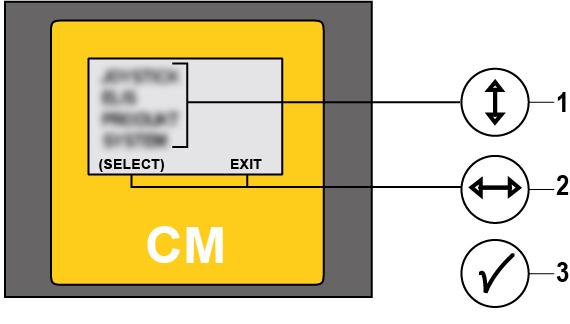 Ohjekirja 5.2 Käynnistys Nro TM 3.1.0 Esimerkki rototilt-moduulin ohjelmaversiosta CM 3.1.0 Esimerkki ohjaamomoduulin ohjelmaversiosta NO EC SELECTED Tarkoittaa, että rototilt-mallia ei ole vielä valittu HOURS 0 Järjestelmän käyttötuntien määrä 5.