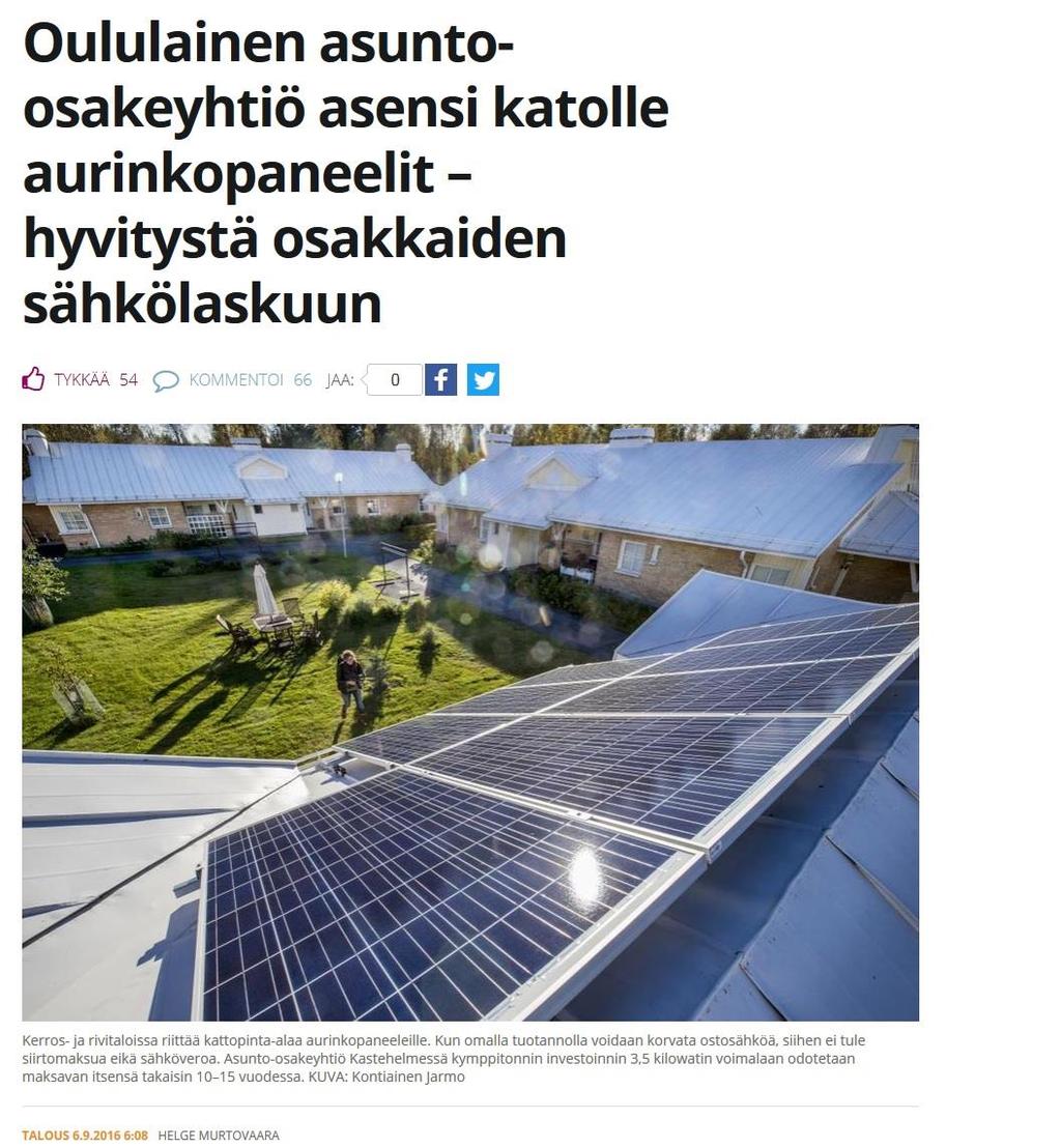 Uusiutuva energia Kerros- ja rivitaloissa riittää kattopinta-alaa aurinkopaneeleille.