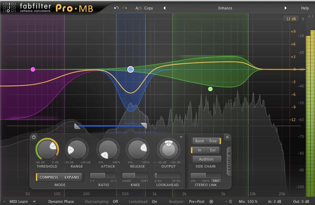 17 Kuva 9. Fabfilter Pro MB-monikaistaisen kompressorin käyttöliittymä (13.). Kompression jyrkkyys tarkoittaa aikaa, joka kuluu asetetun kompressiosuhteen saavuttamiseen kynnystason ylityksen jälkeen.