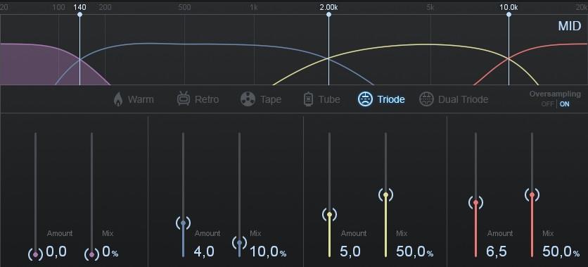 30 Kuvassa 18 näkyy izotope Ozone 7 Exciter -työkalun käyttöliittymä. Taajuusvaste oli jaettu erikokoisiin säädettäviin taajuuskaistoihin, niin kuin esimerkiksi moniraitaisessa kompressorissakin.