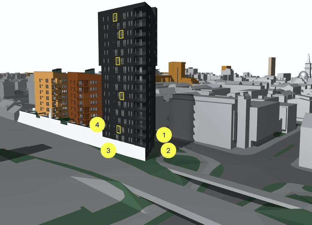 4 Tuulisuuden tarkasteluun on valittu neljä pistettä kuvan 6 mukaisesti. Laskennallinen arvio tuulisuuden numeroarvoista on esitetty kuvassa 7.