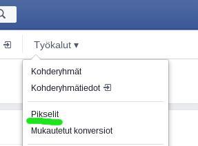 Facebook konversiopixeli Mene Facebookin mainostyökaluun Klikkaa yläreunasta työkalut ja sitten pikselit Jos et ole vielä luonut pikseliä, Facebook pyytää sinua