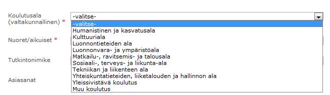 Päijät-Hämeen koulutuskonserni Tuotekori-ohje Sivu 10 / 25 Vaihtoehtoisia ala/yksikkövalintoja (kuvassa näkyy vain osa): 4.3.3 Koulutusala (valtakunnallinen)* 4.3.4 Nuoret/aikuiset * Käytössä vain Salpauksessa 4.