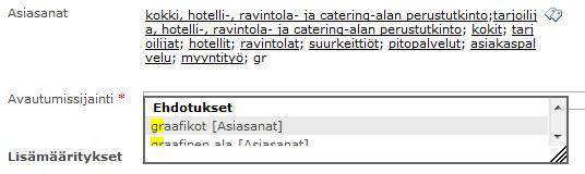 Jos tarjottavissa vaihtoehdoissa ei ole asiaan liittyvää sanaa ja kirjoitusvaiheessa se tulee punaiseksi ja kun tallentaa tuotteen, niin järjestelmä ilmoittaa siitä alla olevalla viestillä: Poista