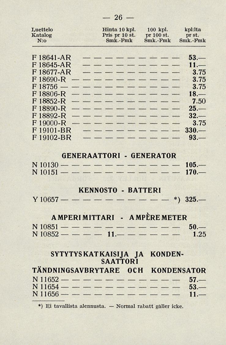 Normal AMPERE 26 Luettelo Hinta 10 kpl. 100 kpl. kphlta Pris pr 10 st. pr 100 st. pr st. N:o Smk.Fmk Smk.Fmk Smk.Fmk F 18641AR 53. F 18645AR 11. F 18677AR F 18690R F 18756 F 18806R 18.