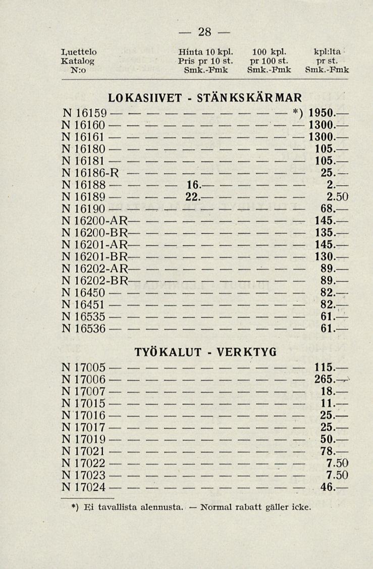 Normal 115 28 luettelo N:o Hinta 10 kpl. 100 kpl. kpl:lta Pris pr 10 st. pr 100 st. pr st. Smk.Fmk Smk.Fmk Smk.Fmk LOKASIIVET N 16159 N 16160 N 16161 N 16180 N 16181 N16186R N 16188 16. N 16189 22.