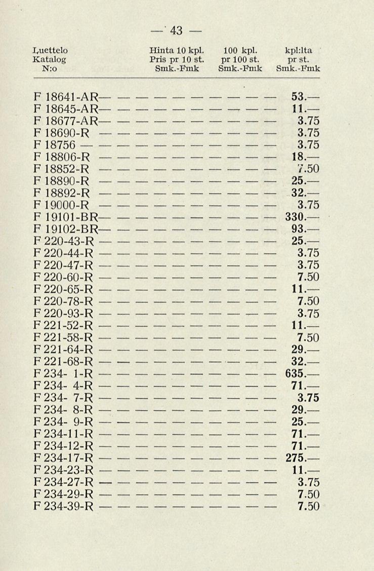 43 luettelo N:o Hinta 10 kpl. 100 kpl. kpl.lta Pris pr 10 st. pr 100 st. pr st. Smk.Fmk Smk.Fmk Smk.Fmk F 18641AR F 18645AR F 18677AR F18690R F 18756 F 18806R 53. 11. 18. F18852R FlBB9OR 25.