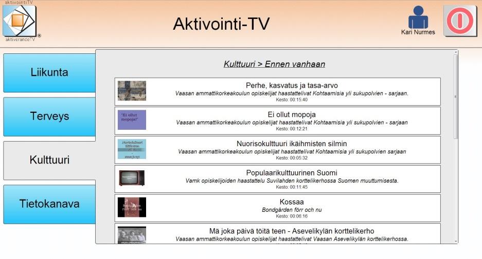 3.2.2 Videokirjasto Aktivointi-TV :n videokirjasto tarjoaa käyttäjille erilaisia videoita, joita ovat tehneet ammattikorkeakoulujen opiskelijat ja Ikäkeskuksen viriketoiminta.