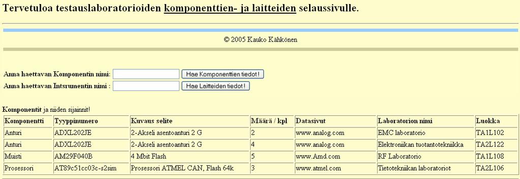 41 henkilöt. Sillä selataan tietokannan sisältöä, etsitään määriteltyjen kenttien tietoja joko komponenteista tai testauslaitteista hakusanan perusteella (kuva 7). Kuva 7. Käyttöliittymän selaussivu.