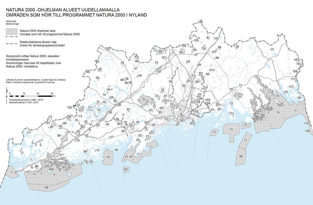 Natura 2000-ohjelman alueet Uudellamaalla: Maakuntakaava-alueelle sijoittuu yli 100 Natura-verkostoon kuuluvaa aluetta.