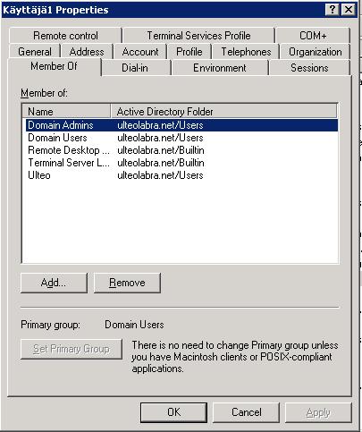 67 Lisätään käyttäjä1 kuvan mukaisiin ryhmiin Member of-välilehdeltä klikkaamalla Add-painiketta. Avautuvaan tyhjään ruutuun kirjoitetaan kuvan mallin mukaiset ryhmät ja hyväksytään valinta.