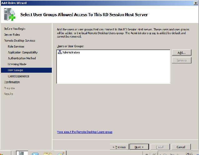 Palvelimelle voivat kirjautua ne käyttäjät, jotka on lisätty Remote Desktop Users -ryhmään. Oletuksena etäpalvelun käyttäjiksi on valittu Administratorin ryhmä.