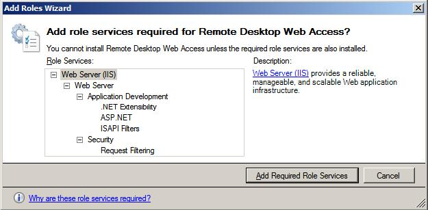Samankaltainen ilmoitus tulee, kun valitaan RD Web Access. Otetaan lisäpalvelut käyttöön Add Request Roles Services (kuva 11) Kuva 11. RD Web Access:n lisäpalvelut.