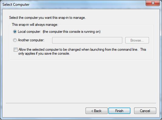Liite1 16 (26) 6. Select Computer ikkunassa, valitaan kohta Local computer: (the computer this console is running on) ja lopuksi painetaan Finish.