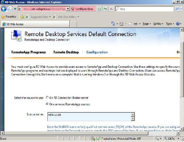 Liite1 20 (26) Session Host server, joka jakaa etäohjelmat ym. Lisätään etäohjelmalähde seuraavassa muodossa: win-star.testilab.local. Testiympäristössä RD Web Access palvelimen konfigurointi: 1.