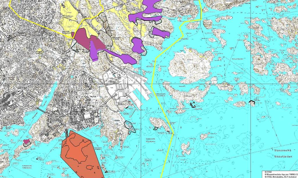 Suojelualueet, yleiskartta Mustavuoren lehto ja Östersundomin lintuvedet FI0100065 Vuosaarenlahden merenrantaniitty Mölandetin luodot Pikku