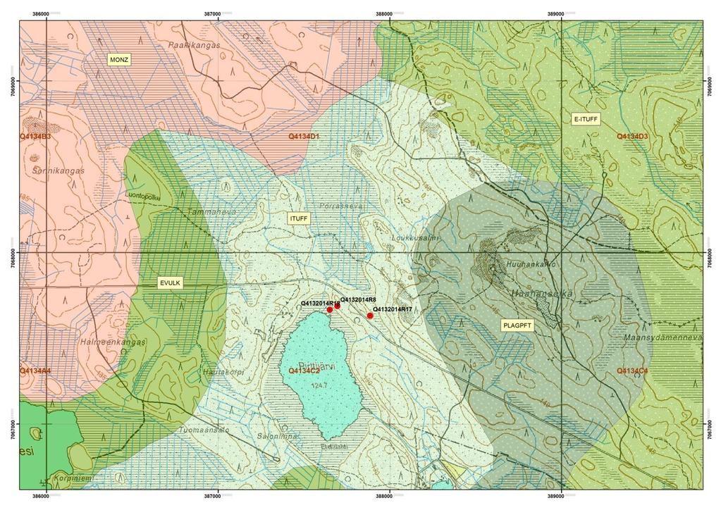 Pohjakartta MML ja Haltik. Fig. 2. Litology of the study area. DigiKP200/2015/GTK. Bore holes are marked by red circles.