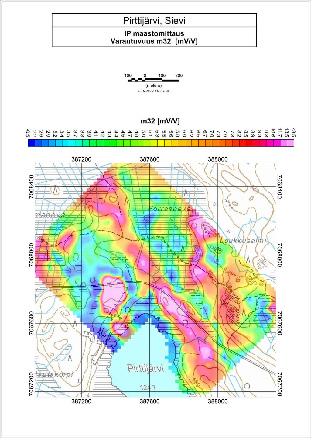 GEOLOGIAN TUTKIMUSKESKUS 5 Kuva 4. IP-varautuvuus kartta Pirttijärveltä (a = 20, n = 3).