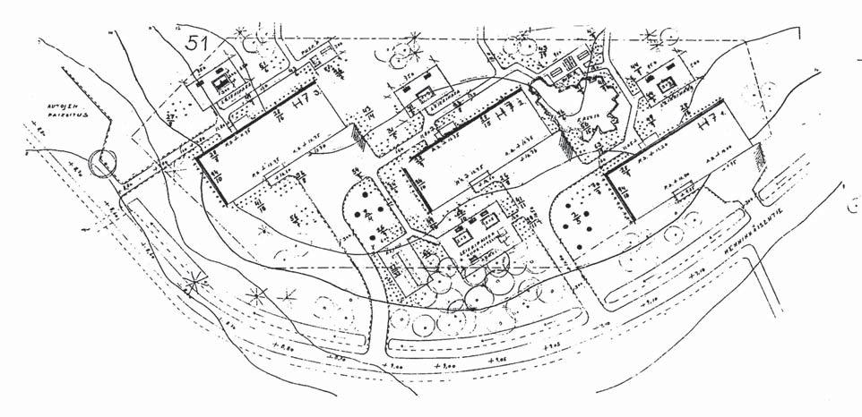 I-rakennusvaihe, Ketjun ja Kolmirinteen kohdalla Menninkäisentie. Istutuspiirustus. N. H. Orénto 1953.