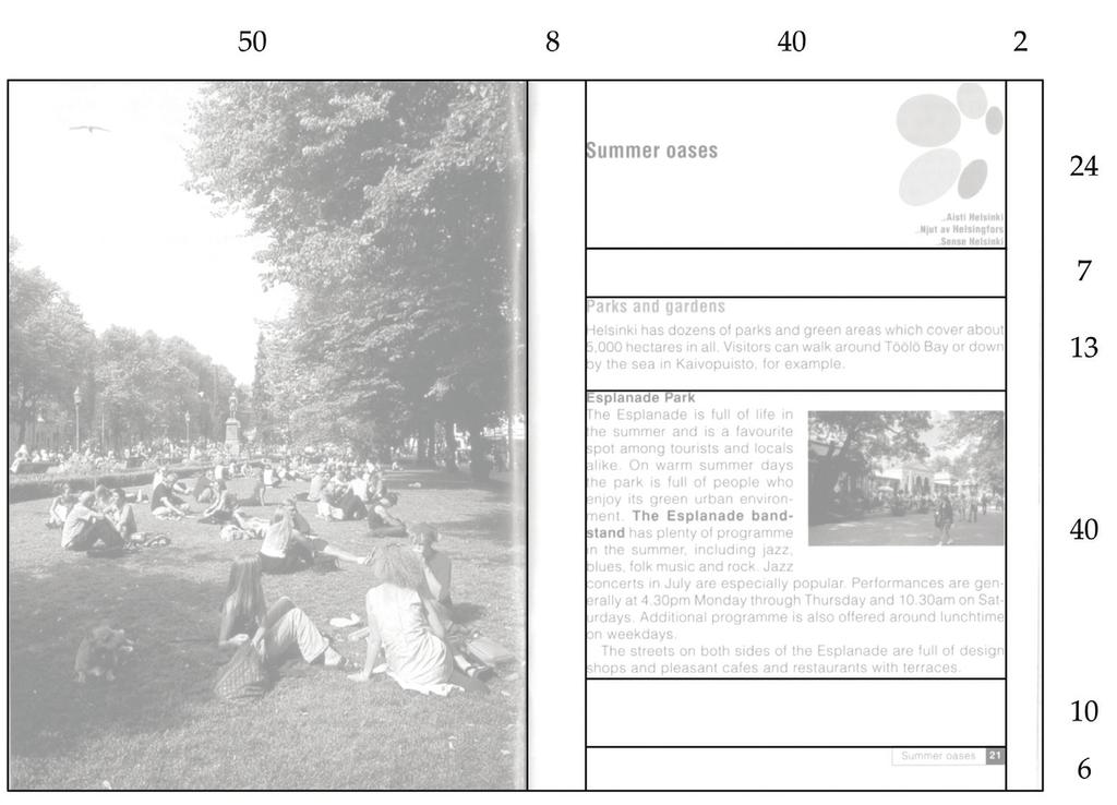 80 Ne ilmaisevat sivutilan jakautumista moduuleihin, joiden koko määritellään prosentteina: <area-root id="she-2002-a-pages-10-11" cols="4" rows="1" hspacing="50 8 40 2" vspacing="100" width="208mm"