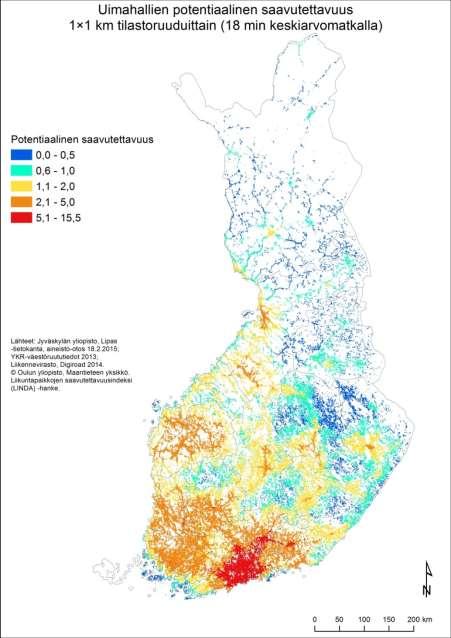 Potentiaalinen saavutettavuus Indeksi kertoo, kuinka keskeisesti väestö