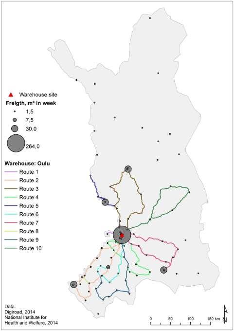 Logistiikkakeskuksen sijoittaminen ja jakeluverkon reitittämisen parametrit Reittien maksimimäärä rajattu 17 kpl Reitin maksimiajosuorite 9 h Aloitus ja pysähdykset - 10 min