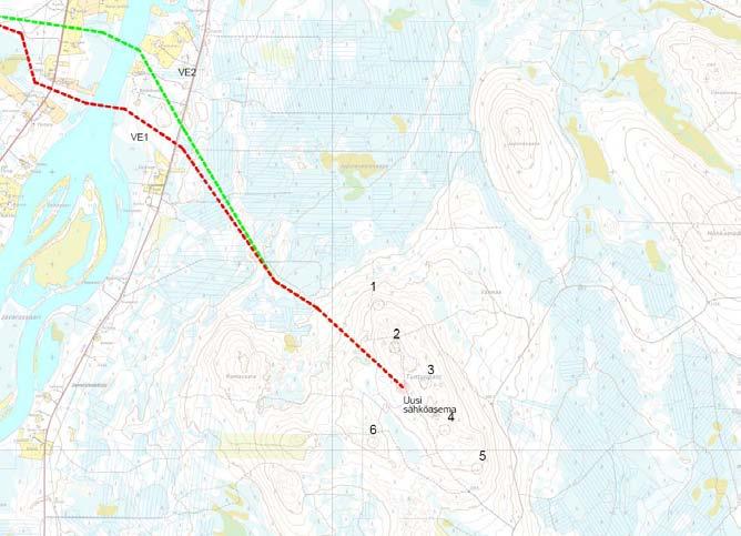 Kuva 14. Tunturipalon tuulipuiston 110 kv:n voimajohdon vaihtoehtoiset reitit.