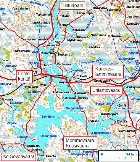 Kuva 36. Kemijärven Ketolan pienlentokentän sijainti suhteessa hankealueisiin. Maanmittauslaitos, lupa nro 944/MML/10, Pohjakartta Maanmittauslaitos lupanro 944/MML/10.