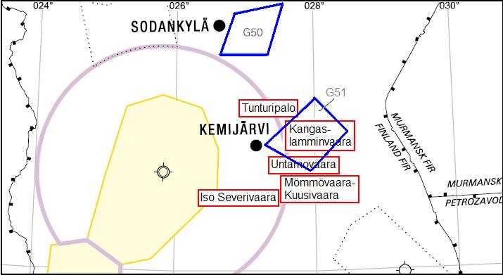 Kuva 37. Kemijärven purjelentoalueen (G51) sijainti suunniteltuihin tuulipuistoihin nähden. (Karttapohja Finavia Oyj). 8.7 Suojelukohteet 8.7.1 Natura- ja luonnonsuojelualueet Iso Severivaara ja Kuusivaara - Mömmövaara Tuulipuistohankkeiden vaikutusalueella sijaitsee yksi Natura 2000-alue.