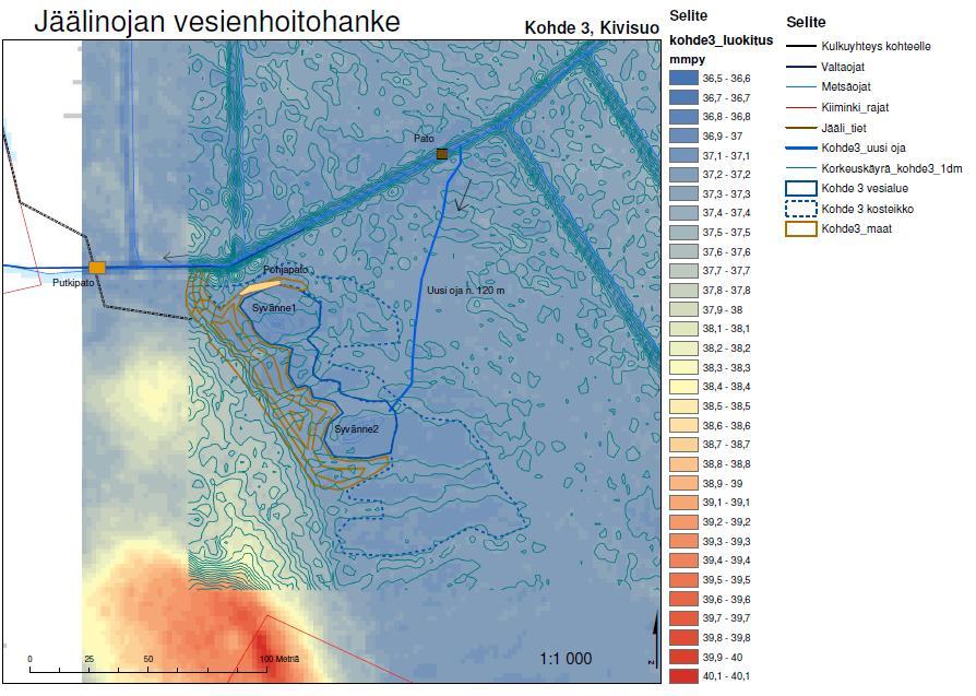 Lammen laskennallinen tilavuus on noin 810 kiinto-m3, mutta kaivamisen yhteydessä tilavuus kasvaa, joten taulukossa on läjitysmassoja laskettaessa käytetty laskennallista irto-tilavuutta, joka on