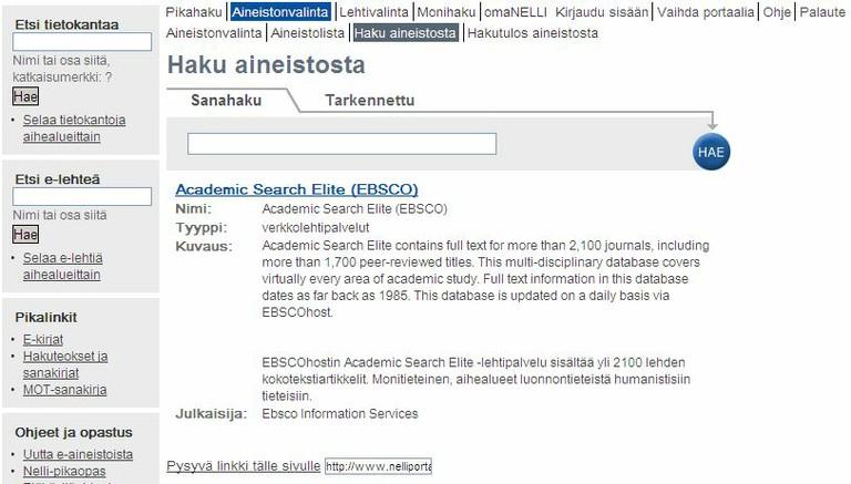 3 Linkitä tietokannat Nellistä 1. Hae aineisto Nellistä Lähes jokaiseen Nelli sivun alaosaan muodostuu Pysyvä linkki tälle sivulle.