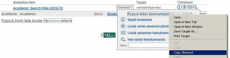 5 Linkki Aineistolista sivun kautta, Nelliä ei näytetä Aineistolista sivun tietokantalistauksen rivin loppuosaan on piilotettu Toiminnot sarake.