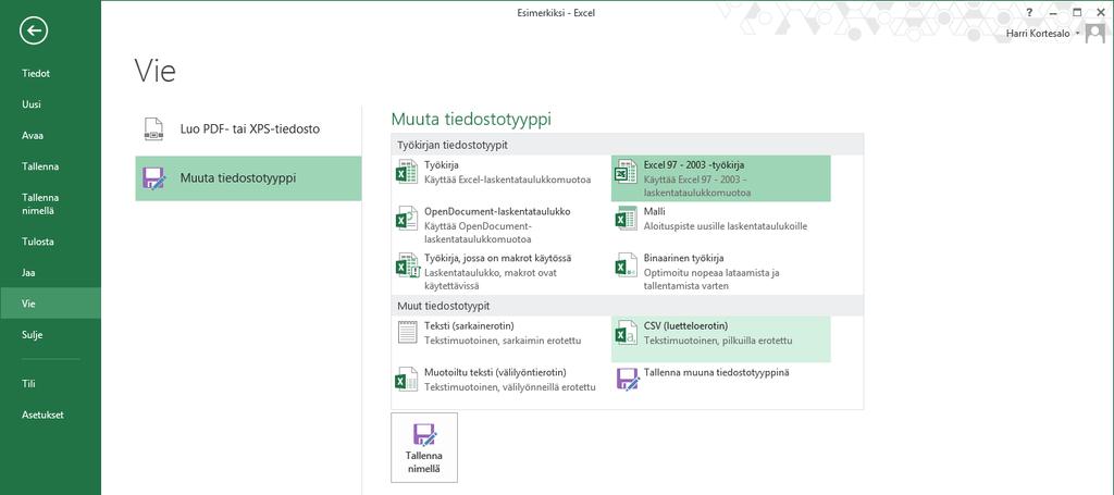 Joissain tilanteissa saattaa olla tarpeen käyttää Excelin Vie -toimintoa.