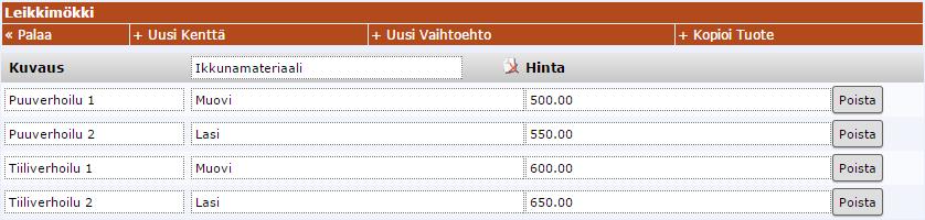 Kun tietoja viedään puhelinjärjestelmästä, näitä kuvaavia kenttiä tuotteesta ei viedä, ainoastaan vaihtoehdon nimi (esimerkiksi kuvassa