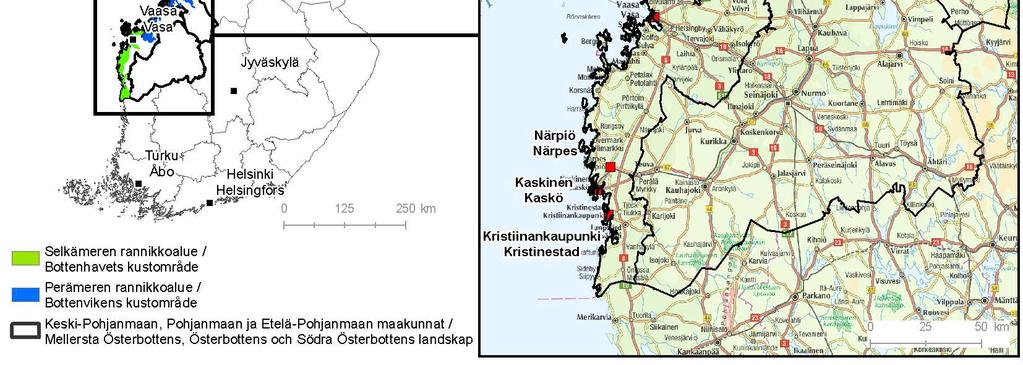 Keski-Pohjanmaan ja Pohjanmaan rannikolla on kaksi: Luodon-Ojanjärvi Pietarsaaren edustalla ja Västerfjärden Närpiön edustalla.