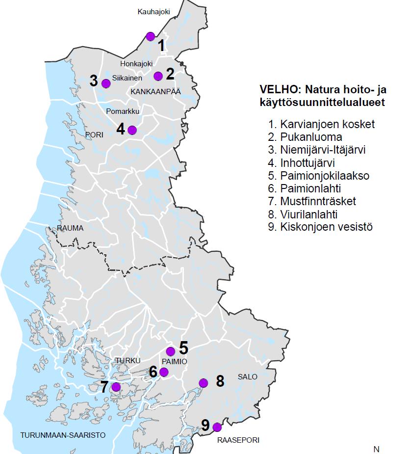 VELHO ja Natura 2000 Yhdeksän osallistavaa hoito- ja käyttösuunnitelmaa 1 Karvianjoen kosket 2 Niemijärvi-Itäjärvi 3 Pukanluoma 4 Inhottujärvi 5 Paimionjokilaakso 6 Paimionlahti 7 Mustfinnträsket 8