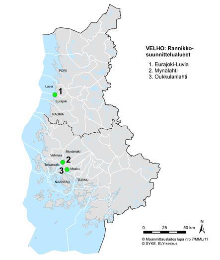 VELHO ja rannikkosuunnittelu 1 Eurajoki-Luvia 2 Mynälahti 3 Oukkulanlahti Varsinaisten suunnittelualueiden lisäksi pilottikoeluontoisia toimia voidaan toteuttaa alueilla, joilla täyttyvät