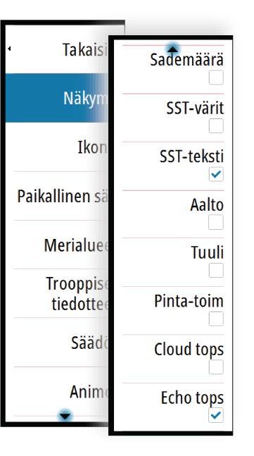 1 Sademäärän värisävyt 2 Kaupunkiennustekuvake 3 Tuulimerkki 4 Myrskykuvake 5 SST-väripalkki 6 SST-värisävy Sirius-sääasetusten valikon avulla voit valita näytettävät sääsymbolit ja niiden ulkoasun