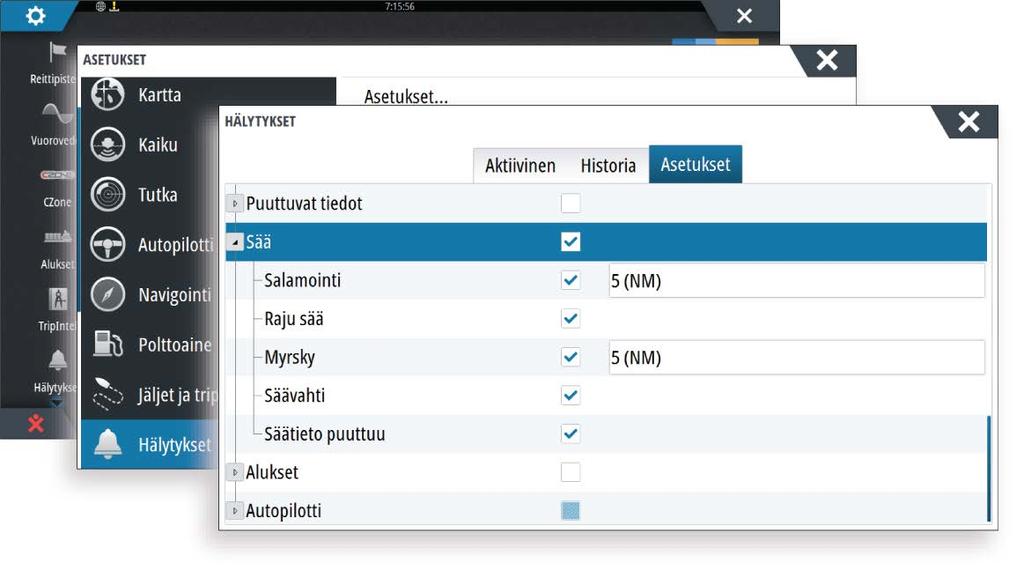 Värikoodien säätäminen Voit määrittää merenpinnan lämpötila-alueen ja aallonkorkeuden värikoodit.