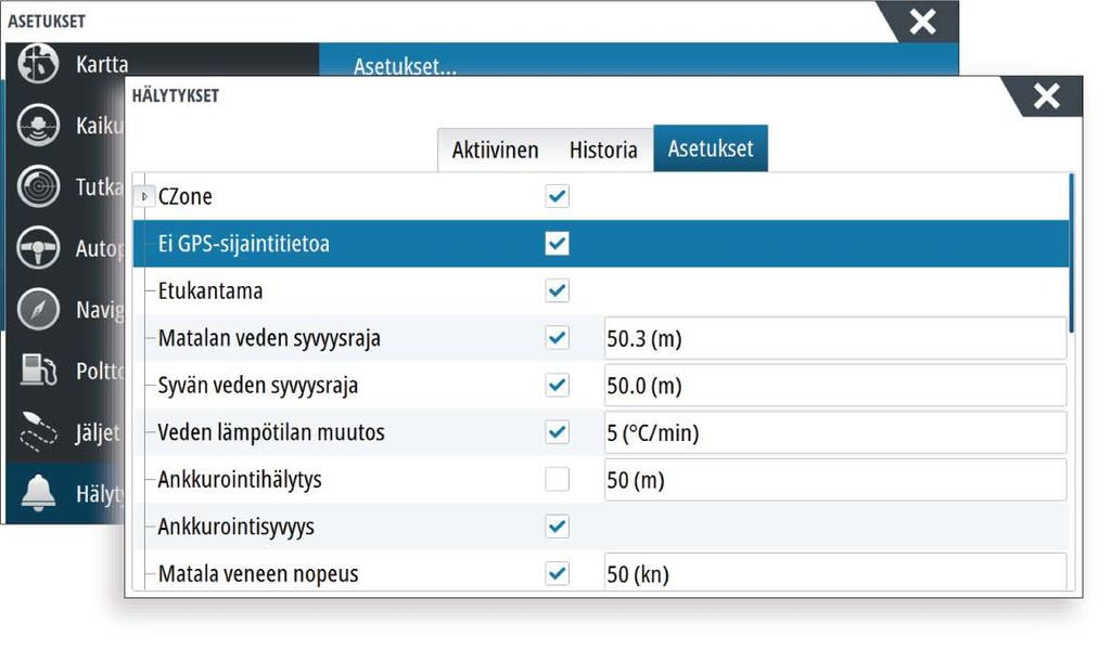 Hälytykset-valintaikkuna Kaikkien hälytysten asetukset määritetään