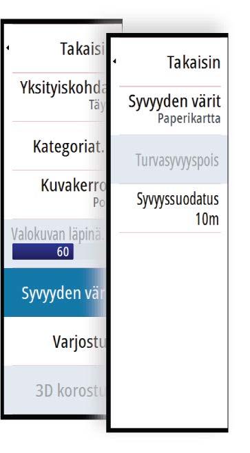 Syvyyden värit Määrittää kartassa käytettävän syvyyspaletin. Paper chart (Paperikartta) Vaihtaa kartan ulkoasun perinteisen paperikartan näköiseksi.