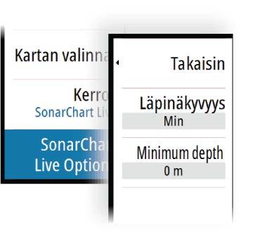 Kun alus lähestyy turvasyvyyttä, SonarChart Liven alue muuttuu vähitellen yksinkertaisesta harmaasta/valkoisesta punaiseksi.