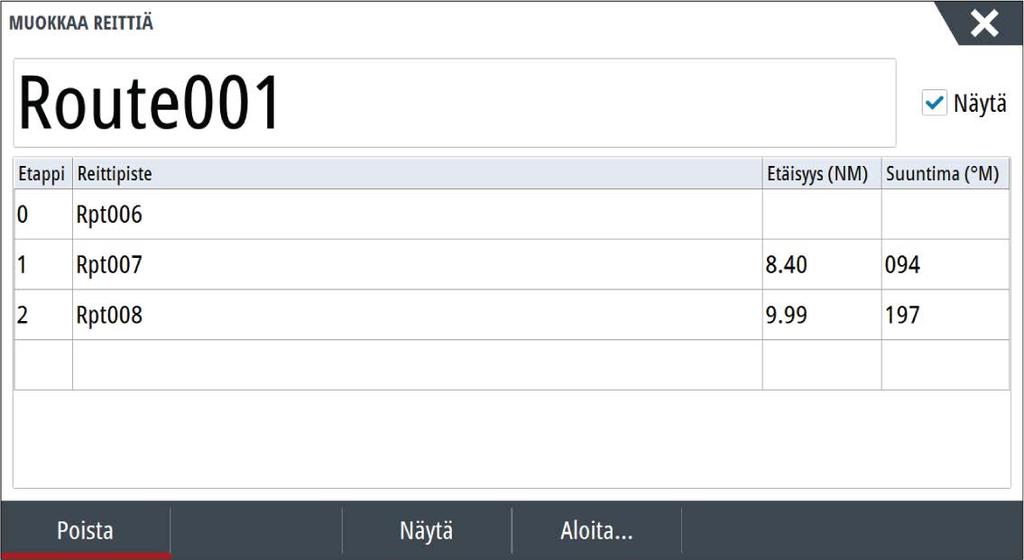 Valintaikkuna voidaan avata myös käyttämällä Reittipisteet-työkalua aloitussivulla. Tracks Jäljet ovat graafisia esityksiä aluksen aiemmin kulkemasta matkasta.