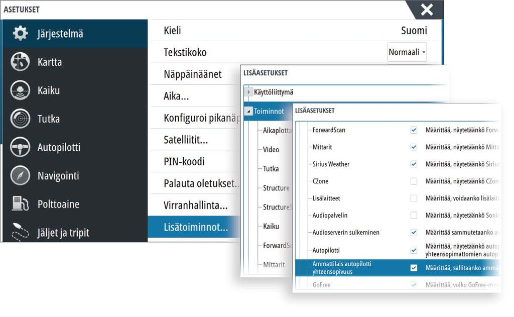 Jos monitoiminäyttöä käytetään AP70/AP80- järjestelmän suorittamiseen, monitoiminäytön pitää yhteensopivuussyistä käyttää samoja lähderyhmiä kuin AP70/AP80-järjestelmäkin.