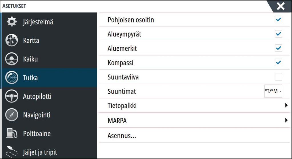 Tutkan asetukset Tutkasymbolit Voit valita, mitkä tutkan lisätoiminnot voi ottaa käyttöön tai poistaa käytöstä yhteisestä valikosta. Lisätietoa on tutkanäytön kuvassa.