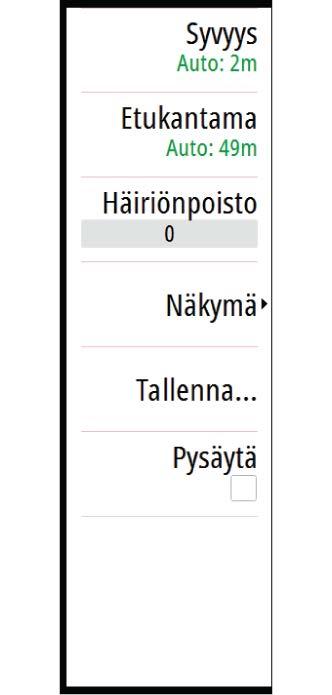 ForwardScan-kuvan asetusten määrittäminen Syvyys Määrittää syvyysalueen. Syvyysalue on oletusarvoisesti automaattisessa tilassa. Etukantama Hallitsee eteenpäin suunnattua hakualuetta.